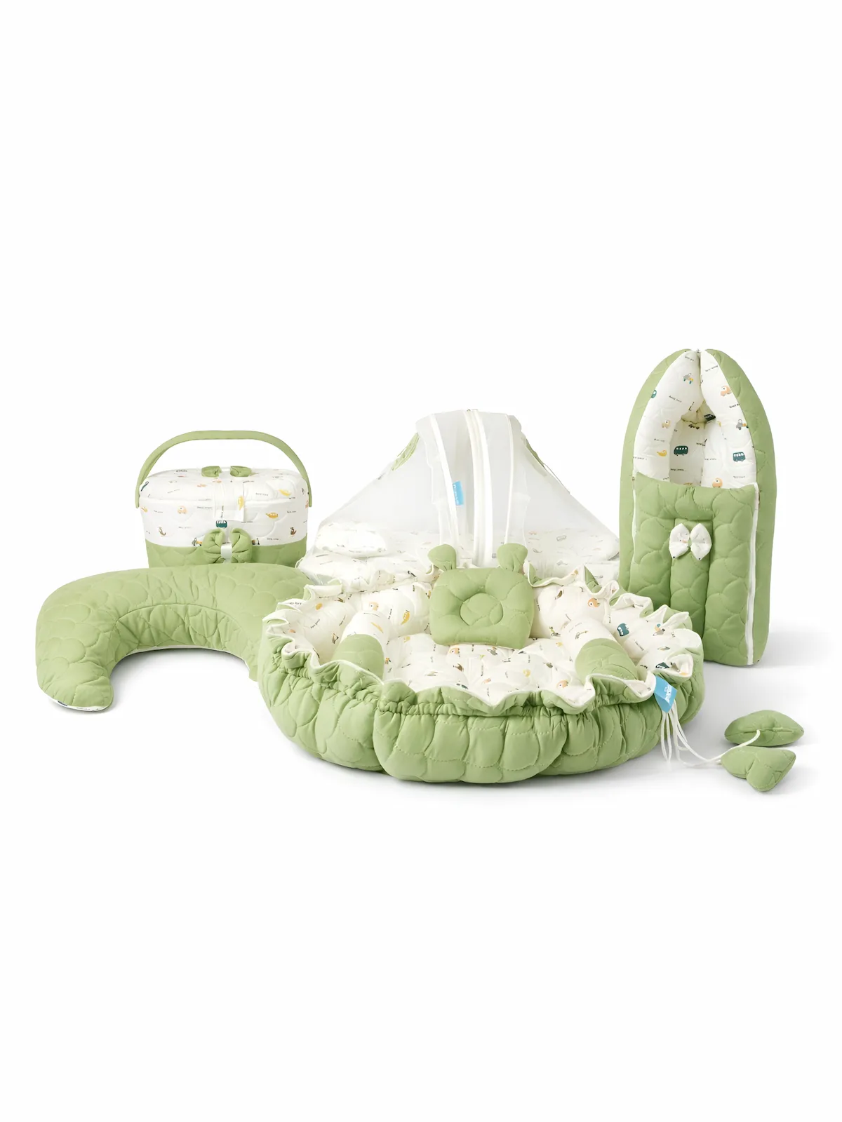 new born printed bedding set and carry bed, feeding pillow