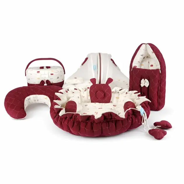 maroon print new born bedding set.