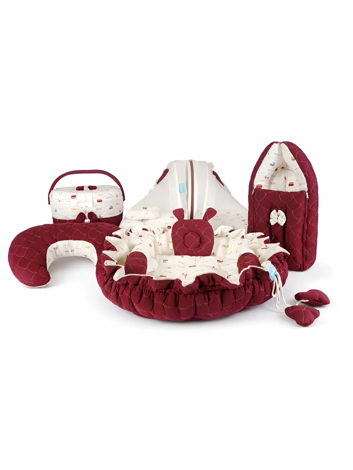 maroon print new born bedding set.